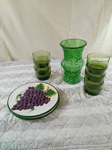 lot 45 image: Green Glass Drinkware Set with Grape Design Plates