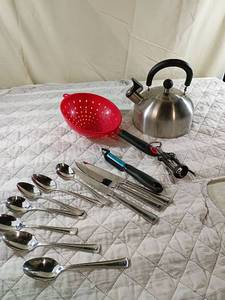 lot 48 image: Kitchen Utensils with Tea Kettle