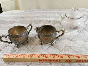 lot 59 image: Bristol Porcelain Teapot and Silver Plated Sugar Bowls Set