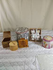 lot 70 image: Kitchen Storage Collection - Damask Print Box, Bamboo Salt Box, and Decorative Bunny Items