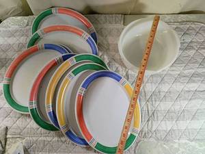 lot 115 image: Fire King bowl 9 inch 6 deep and Rainbow Stripe Dinner Plates Set 9 plates older plastic plate some wear on some plates