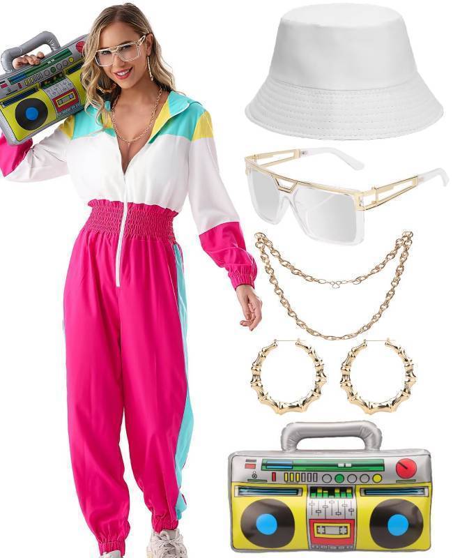 lot 24977 image: Women Hoodies Jumpsuit Set, 80s 90s Neon Costume Tracksuit Outfit One Piece Windbreaker Jacket Rapper Suit(Pink-C-S) - Retail $44
