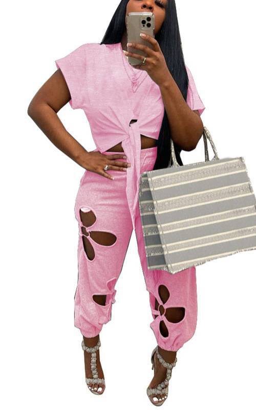 lot 71572 image: Women 2 Piece Outfit Pullover Crop Top Cinch Bottom Sweatpants Sweatsuit Pink Workout Outfit Set for Women - Retail $39