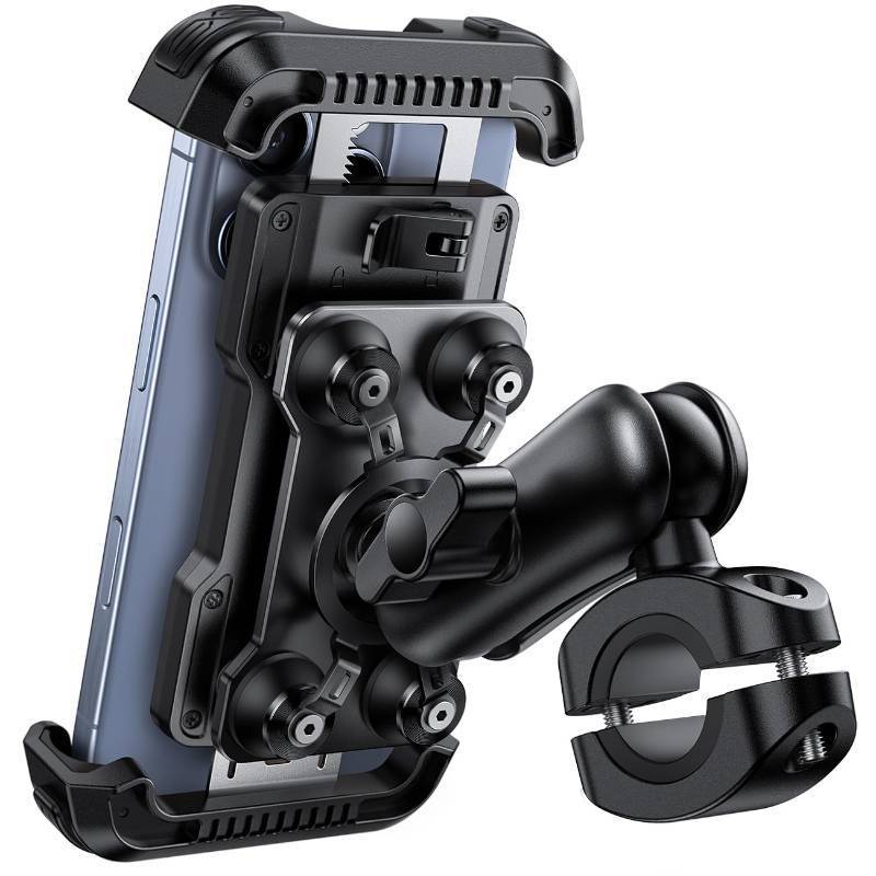 lot 71576 image: Motorcycle Phone Mount Holder - Dual Vibration Dampener Metal Adjustment Arm Motorcycle Cell Phone Holder, Bike Handlebar Phone Mount, for iPhone 1615 1413 Pro Max, 4.7-6.7 Phones - Retail $46