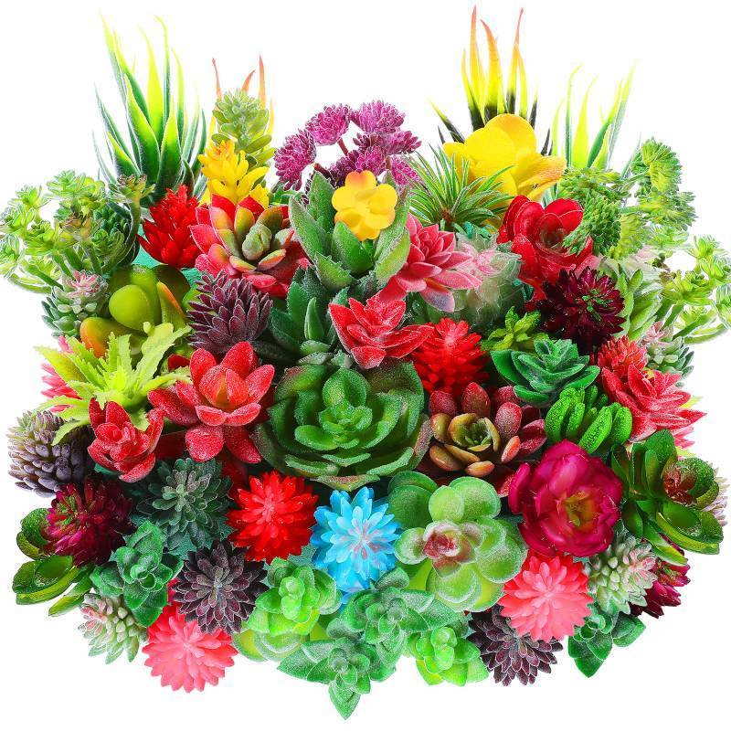 lot 44730 image: 50 Pcs Bulk Mini Artificial Succulents Plants Assorted Unpotted Realistic Plants Fake Textured Succulent Picks Realistic Plastic Cactus Stems for Succulent Garden Home Decor (Normal Style) - Retail $30