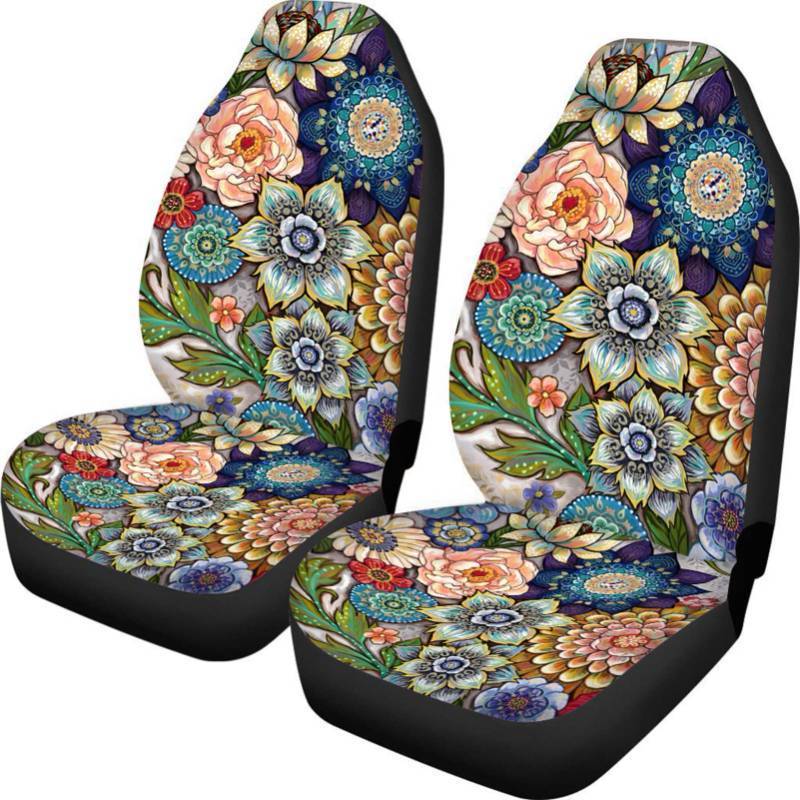 lot 44748 image: Bright Blossoms Colorful Boho Floral Print Car Seat Covers for Women, Universal Auto Front Seats Protector Fits for Car, SUV Sedan, Truck - Retail $30