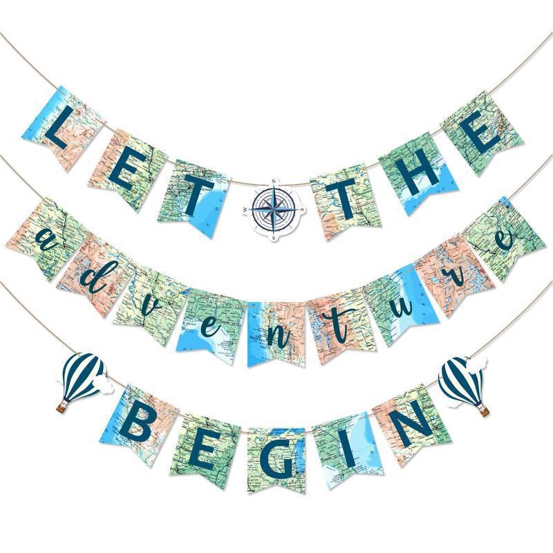 lot 44765 image: Let the Adventure Begin Banner Adventure Awaits Bon Voyage Map Banner for Travel Themed Birthday Baby Shower Graduation Retirement Job Career Change Farewell Party Decorations Supplies(no strings) - Retail $10