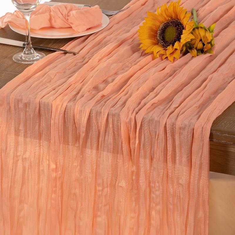 lot 44771 image: Peach Cheesecloth Table Runner Spring Easter Table Runner Boho Gauze 120 Inches Cheese Cloth Table Decor for Wedding Bridal Baby Shower Parties - Retail $8