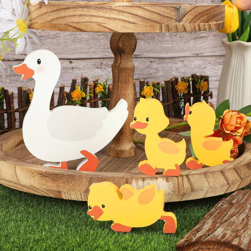 lot 44791 image: Cute Wooden Ducks Decorations Indoor Set of 4, Farmhouse Tiered Tray Decor, Double Side Mother Duck and Duckling Blocks Decoration for Home Table Desk Door Shelf - Retail $10