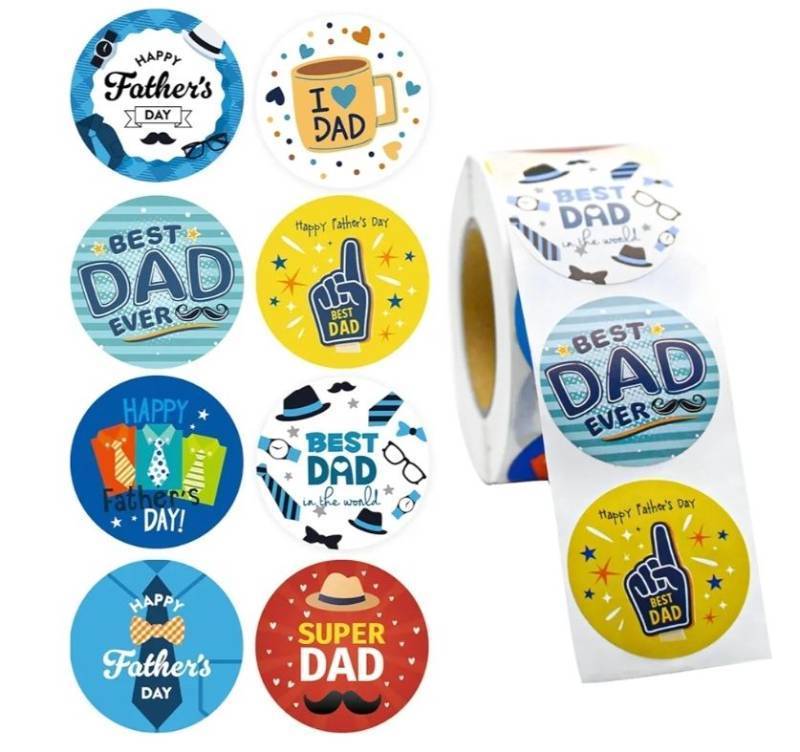 lot 44800 image: Fathers Day Round Stickers, 8 Designs Roll Decals Happy Fathers Day Beard Hat Best Dad Bouquet Gift Adhesive Labels for Craft DIY Greeting Card Gift Candy Cookie Bags Decor, 1.5In 