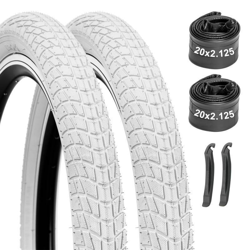 lot 44810 image: Bike Tires 20x2.125 2-Pack with Inner Tubes & Tire Levers �� Heavy Duty Replacement Tires for Kids Bike, BMX, Mountain Bicycle (Pure White, Puncture Protection) - Retail $46