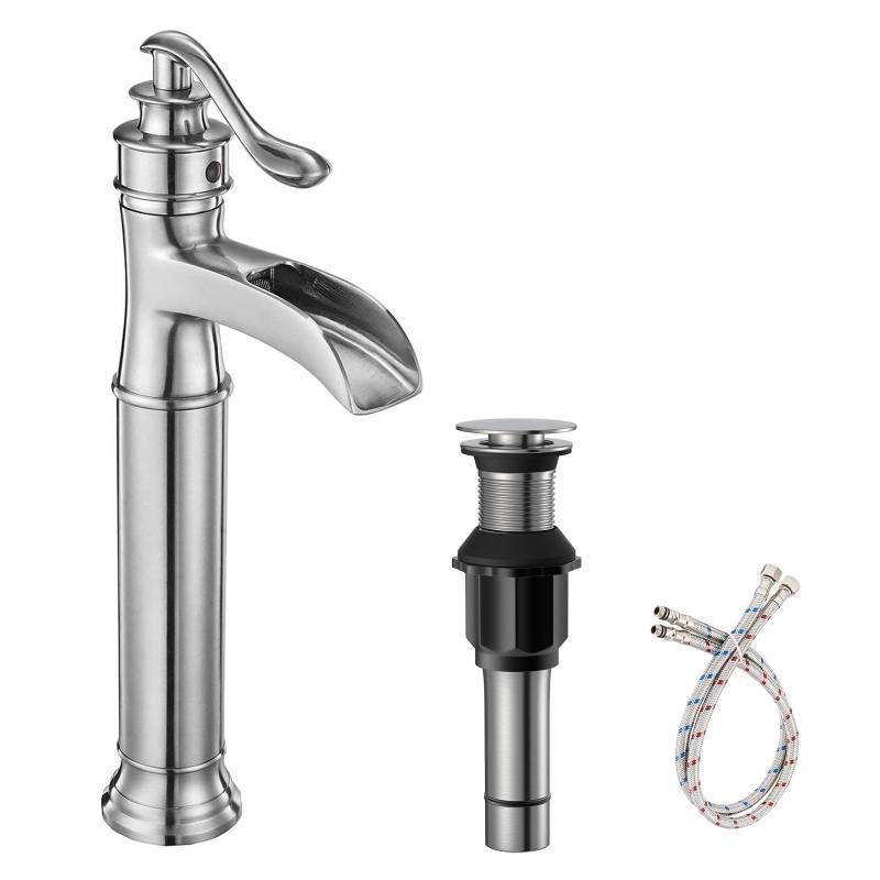 lot 44837 image: Bathroom Faucet Vessel Sink Faucet Waterfall Faucet for Sink 1 Hole with Pop Up Drain None Overflow Tall Bowl Sink Mixer Tap Deck Mount, Brushed Nickel - Retail $70