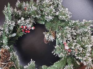 lot 3571 image: Frosted Pine Christmas Wreath with Pinecones and Berries with Lights