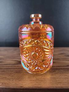 lot 3573 image: Peach Carnival Glass Candy Dish with Lid