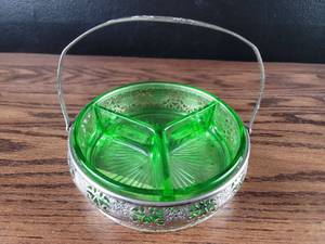 lot 3840 image: Emerald Green Glass Divided Dish with Silver Holder