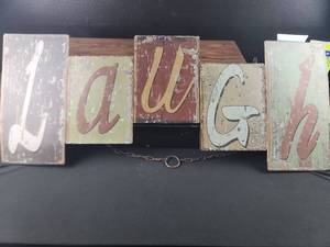 lot 3845 image: LAUGH Metal Sign with Chain