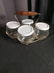 Mid-Century Glass Condiment Set with Brass Carrier