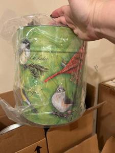 lot 105 image: Bird Designs. And several other Christmas theme popcorn tins with lids. All new, several cases