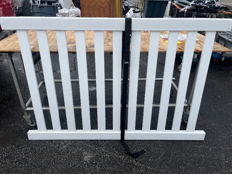 lot 369 image: Bundle of 2 70 x 45.5 x 2 Pvc Fence Panel White - one missing one rail see images