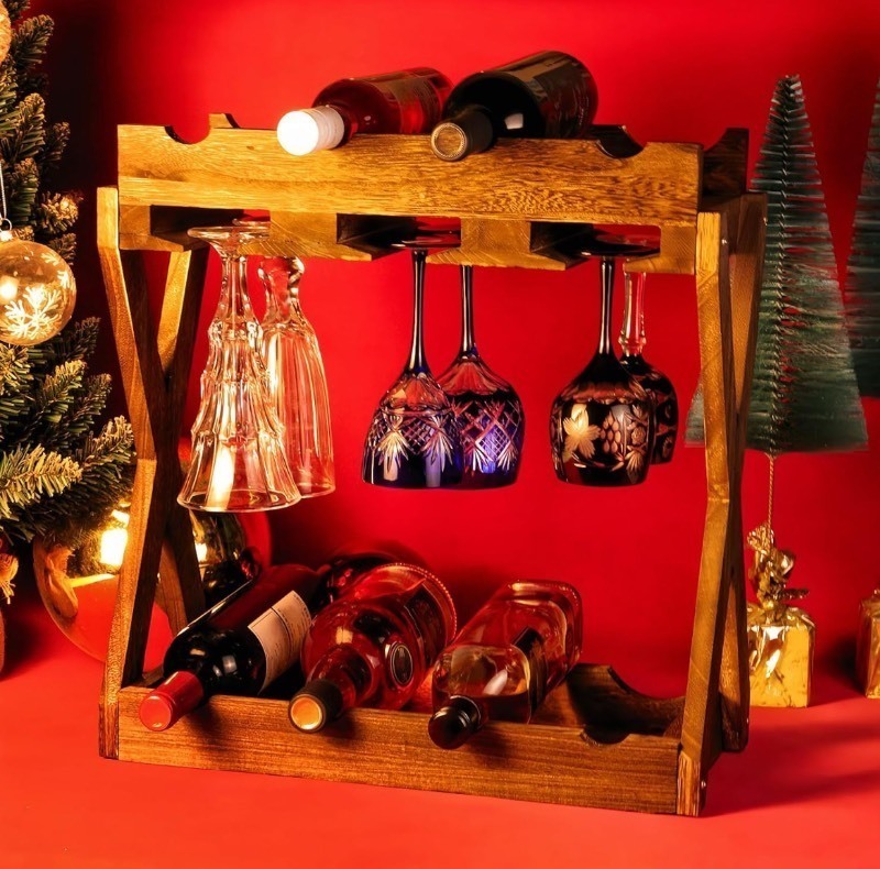 lot 7 image: Almagic 3-in-1 Wooden Styled Bottle & Glass Rack Quality Display