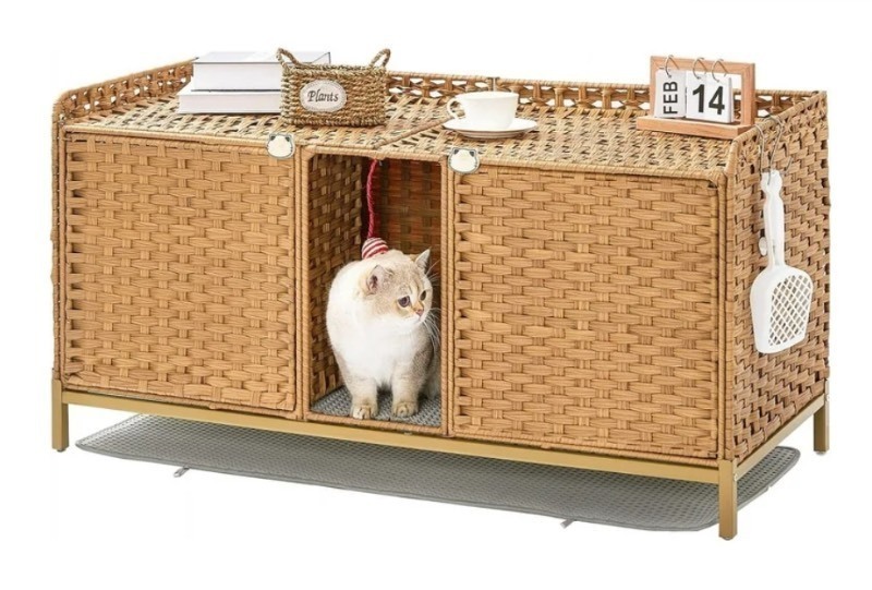 lot 650 image: Cat Litter Box Enclosure for 2 Cats, Hidden Litter Box Furniture with Mat, Large Rattan Cat House with Double Room and Door, 47.3 L x 19.7 W x 24 H, 2 S-Shaped Hooks for Living Room - Used