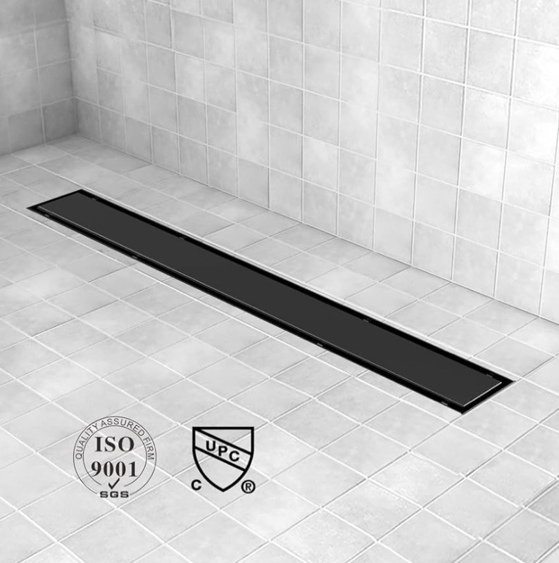 lot 9 image: Large Linear Shower Drain, 4 Drain with Tile Insert 2-in-1 Panel, Black Shower Floor Drain - 2 Pieces included only