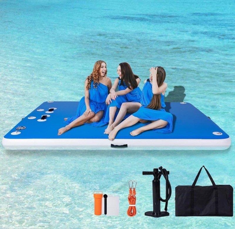 lot 28 image: XL 8 x 8 Inflatable Floating Dock for Lakes, Inflatable Dock Floating Platform with Non-Slip Surface, Floating Island Raft for Pool Beach Ocean NOT BLUE, Faux Dock Material Decking See images for Real Color Retails $190