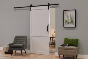 lot 30 image: 48 in. x 84 in. White H Style PVC Vinyl Sliding Barn Door with Hardware Kit - Door Assembly Required Retails $410