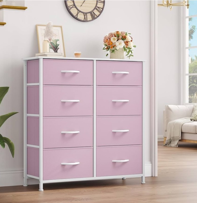 lot 19 image: Pink Fabric Dresser with 9 Drawers, Chest of Drawers for Closet, Living Room, Sturdy Steel Frame, Wooden Top, Easy Pull Handle Read Discription