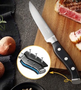 lot 34 image: Oderfun Steak Knives Set Of 5, High Carbon Serrated Steak Knives 4.5 Inch, Full Tang And Ergonomic Handle, German Stainless Steel Steak Knife Set