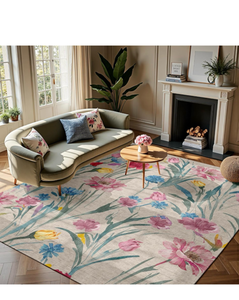 lot 7 image: Watercolor Floral Area Rug 8x10 - Soft Beige with Pink, Blue & Yellow Blooms, Non-Slip Hypoallergenic Carpet for Living Room, Bedroom, Boho Home Decor.