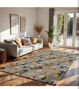 lot 20 image: Rustic Natural Organic Retro Leaf-Berry Rug Soft Gray Base with Deep Brown Leaves, Navy Berries & Beige Blooms, Non-Slip Indoor Carpet for Living Room & Bedroom, Machine Washable.