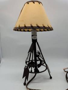 lot 101052 image: Southwestern Style Metal Tripod Table Lamp with Kokopelli Base and Tan Shade
