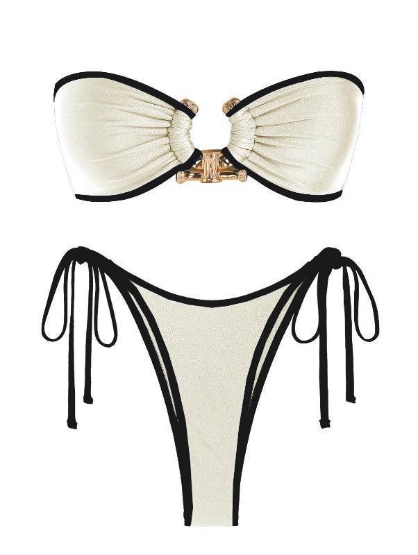 lot 40643 image: ZAFUL Swimsuit for Women Bandeau Thong Bikini Sets High Cut Two Piece Bathing Suit Strapless Swim Suit Shiny Beige M - Retail $33