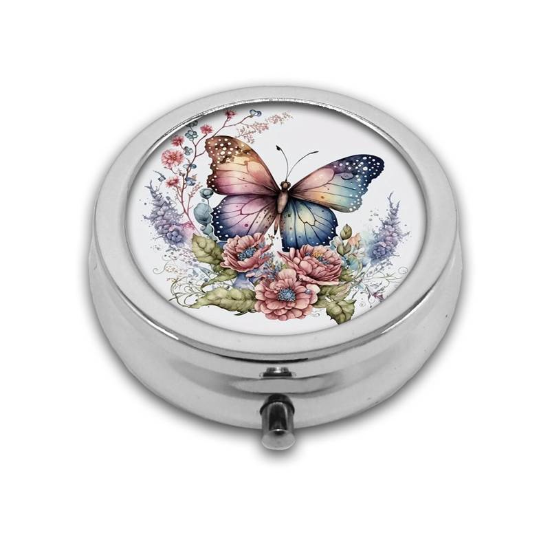 lot 50811 image: Pill Box,Vintage Butterfly Floral Round Pill Box 3 Compartment Decorative Pocket Purse Portable Mini Travel Medicine Tablet Vitamin Holder Organizer Pill Case - Retail $14