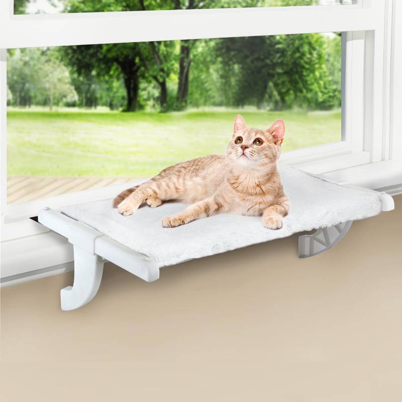 lot 50819 image: Zoratoo Window Sill Mount Cat Perch for Indoor Cats, One-Step Sliding Clamping Slot Adjustment Cat Hammock with Washable Cover, No Suction Cups Pet Bed for Windowsill & Bedside (Large) - Retail $22