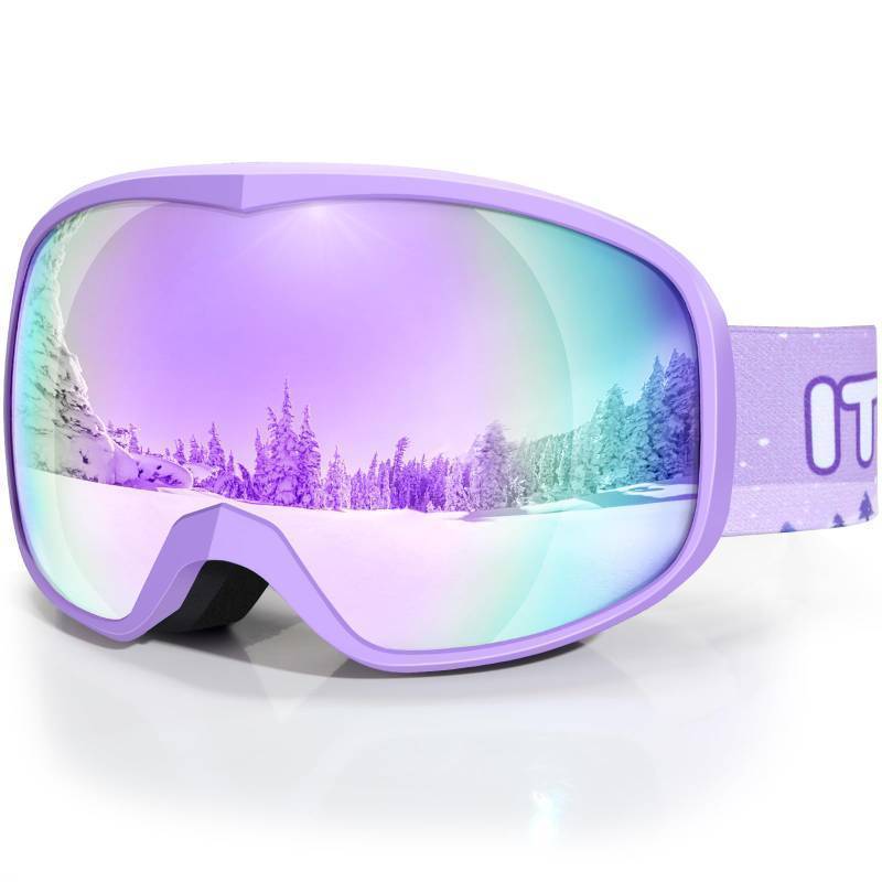 lot 51316 image: ITOWE Kids Ski Goggles for 3-14, Snow Goggles for Boys Girls, Winter Sports Snowboard Goggles for Child Toddlers Youth Anti Fog 100% UV Protection (Revo Purple) - Retail $13