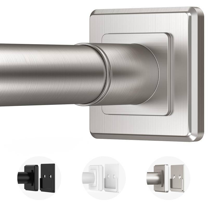 lot 59934 image: Haryaers Brushed Nickel Tension Curtain Rod Adjustable Shower Curtain Rods 30-76 In Spring No Drilling or Screw Installation Shower Rod for Bathroom Shower Bar for Closet Kitchen with Brackets - Retail $19