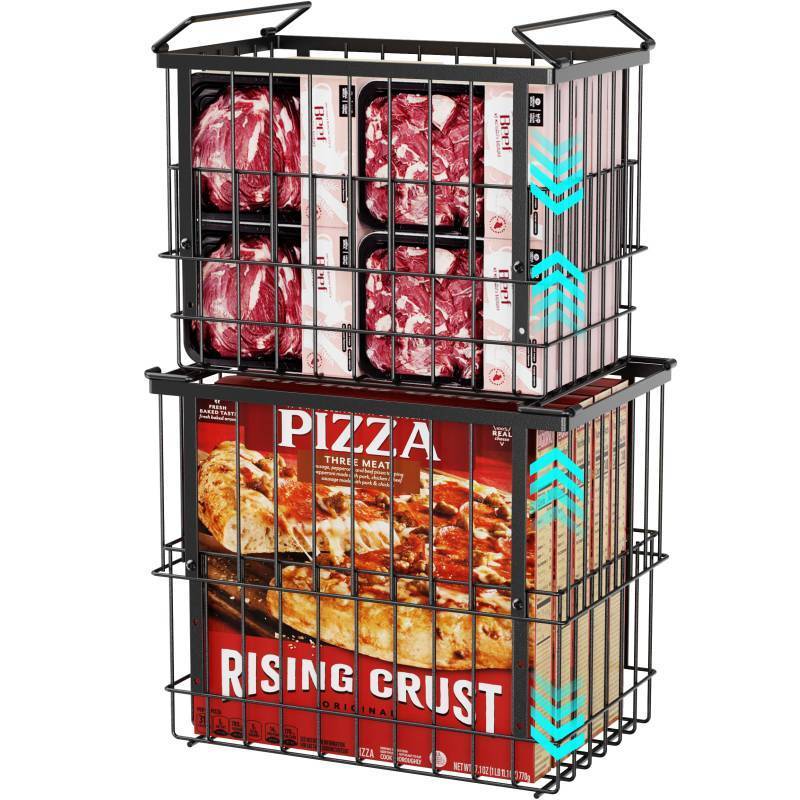 lot 59970 image: iSPECLE Freezer Organizer Bins, 2 Pack Fits 12 Pizza Adjustable for 5 to 7 Cu.Ft Chest Freezer, Stackable Wire Baskets with Handles, Heavy Duty Storage for Bulk Meat & Frozen Food, Black - Retail $40
