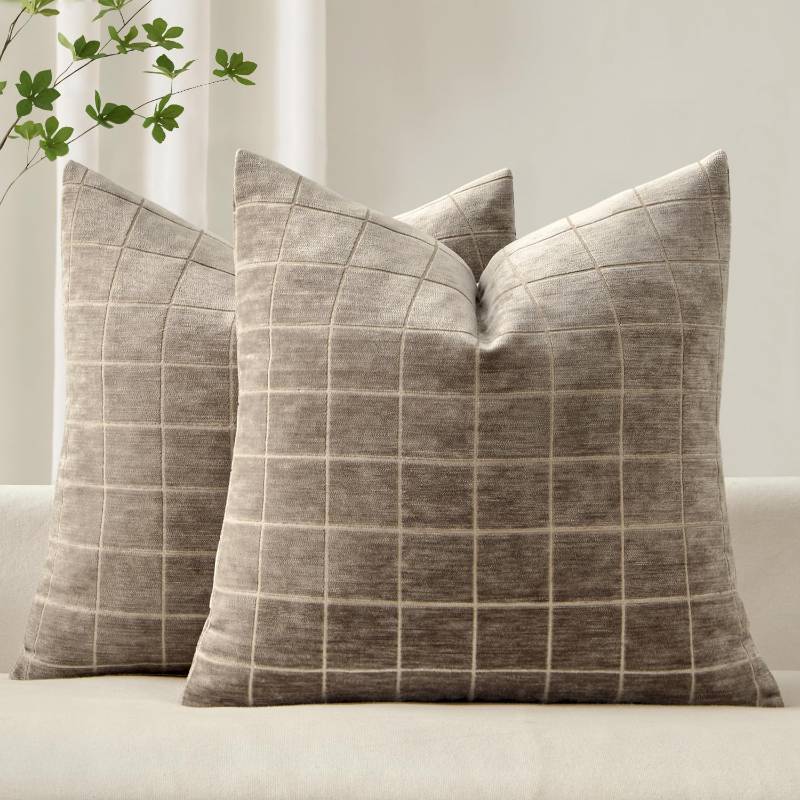 lot 59974 image: MIULEE Decorative Chenille Check Throw Pillow Covers Vintage Plaid Couch Pillows 20x20 Inch Set of 2 Neutral Boho Farmhouse Cushion Covers Modern Spring Home Decor for Sofa Bed Living Room Taupe Grey - Retail $19