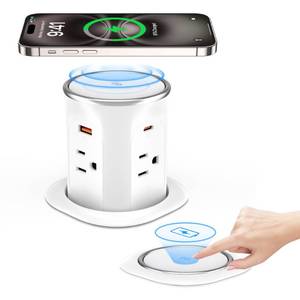 lot 3951 image: ANNQUAN Motorized Pop Up Countertop Receptacle with 15W Wireless Charger,Max 20W Power Delivery,3.15 Automatic Pop Up Outlet,4 Outlets,4 USB 3FT Cord White - Retail $165
