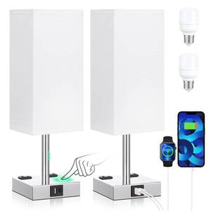 lot 7745 image: aooshine Set of 2 Touch Nightstand Lamp with USB-CA Charge Ports& AC Outlets, 3-Way Dimmable Bedside Lamp with White Fabric Shade,Small Table Lamp for Bedroom Guest Room(Bulb Included) - Retail $40