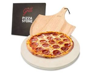 lot 7752 image: HANS GRILL PIZZA STONE  Circular Pizza Stone For Oven Baking & BBQ Grilling With Free Wooden Peel  Extra Large Round 15 Inches Diameter (38CM) Durable Cordierite Cooking Stone. - Retail $25