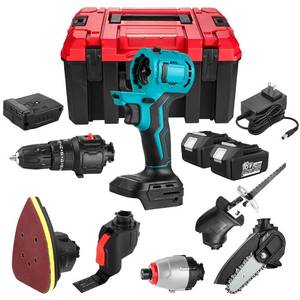 lot 7764 image: Energup 9 pcs Hand Power Tools Combo Sets Household one fuselage, 6 power tool drill driver hand drill machine Impact Wrench Drivers (2Pack 5.0Ah batteries and 1Pack Charger) BROKEN LATCH BUT STILL CLOSES
