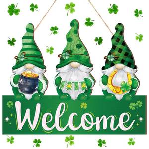 lot 41398 image: Wenqik St. Patricks Day Gnome Welcome Sign Valentines Hanging Door Sign Green Clover Horseshoe Decor Cute Gnome Door Hanger for Home Wall Yard Indoor Outdoor Garden Window - Retail $14