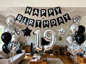 lot 41400 image: 19th Birthday Decorations Silver Black for Boys, 19th Birthday Banner Number 19 Star Foil Confetti Balloons Party Supplies Kit for 19 Years Old Son Boys Bday (19th) - Retail $10
