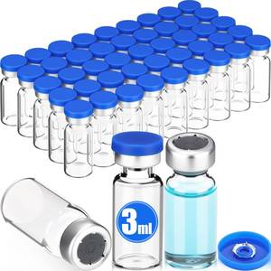 lot 41407 image: BrightRow 30 Pcs 3ml Sealed Sterile Empty Vials with Self Healing Injection Port Clear Glass Empty Vials with Plastic-aluminum Flip Cap and Rubber Injection Stoppers Flat Bottom Lab Vial (Blue Lid) - Retail $21