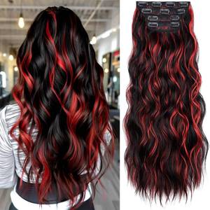 lot 41415 image: KooKaStyle Hair Extensions Black Mix Red Highlights 1B113# Clip in Synthetic Highlight Long Wavy 4PCS Thick Hairpieces for Daily Use 24 Inch for Women - Retail $27