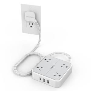 lot 41424 image: TESSAN Surge Protector Flat Extension Cord 5Ft, Flat Plug Power Strip with 4 Outlets 3 USB Ports (1 USB C), 900 Joules Protection, Multiple Wall Outlet Extender Suitable for Home Office Dorm, Grey - Retail $18