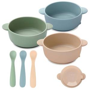 lot 41428 image: Eascrozn Baby Bowls with Suction and Baby Spoons Set of 3, Silicone Stay Put Bowls and Feeding Spoons for Babies Toddlers Kids, BPA Free,Microwave and Dishwasher Safe - Retail $10